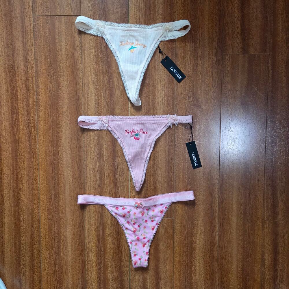 LOUNGE 3 Pack Bundle - Dainty Embroidered Lace G-String Thong Panties XS